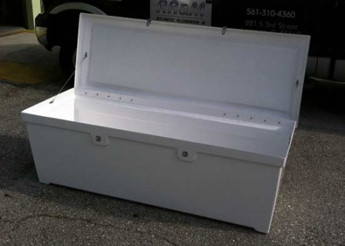 fiberglass dock box with open lid, one of two new dock products